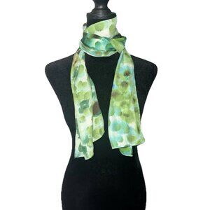 Vintage Long Rectangle Scarf Watercolor Green Blue Teal Painted Poly Silk